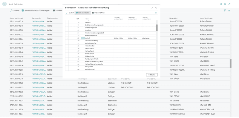 Screenshot von der Tabelleneinrichtung im Audit-Trail