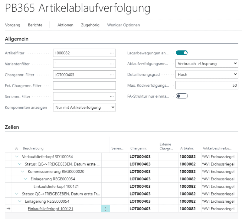 Screenshot der Lot Management App aus dem Bereich Artikelablaufverfolgung