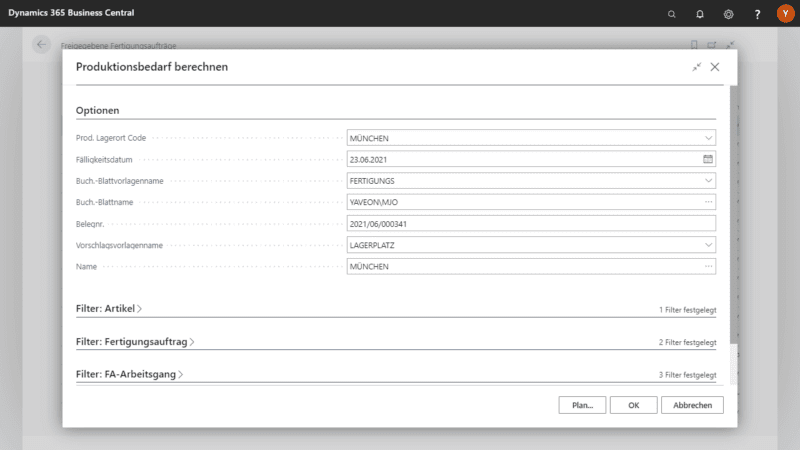 Screenshot der Warehouse Management App Bereich Produktionsbedarf