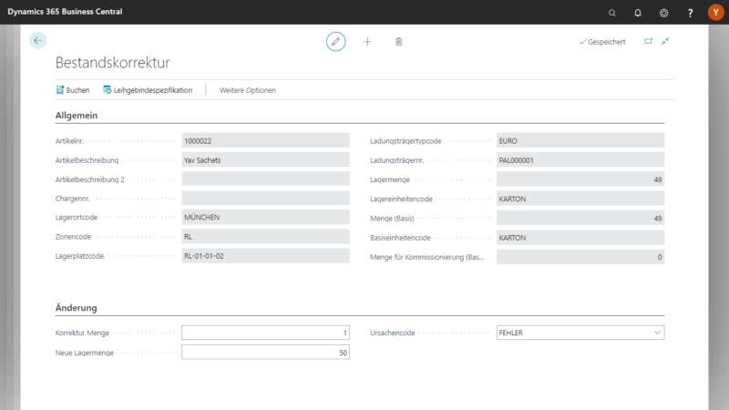 Screenshot der Warehouse Management App Bereich Bestandskorrektur