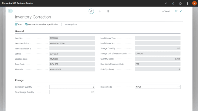 Screenshot of the Warehouse Management App Inventory Correction Area