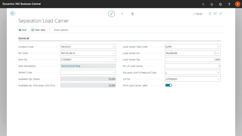 Screenshot of the Warehouse Management App Load Carrier Management Area