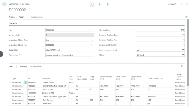 Screenshot of an inspection plan for production