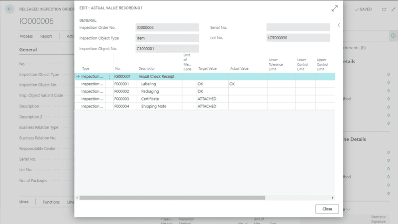 Screenshot of the actual value recording from the Quality Assurance App