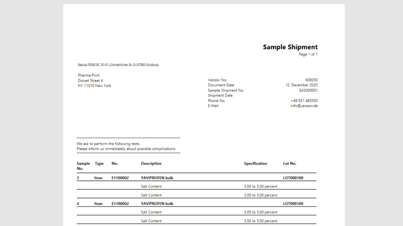 Screenshot of a sample shipping document from the Quality Assurance App