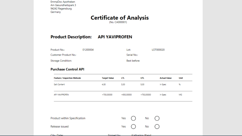 Screenshot of a certificate of analysis from the Quality Assurance App