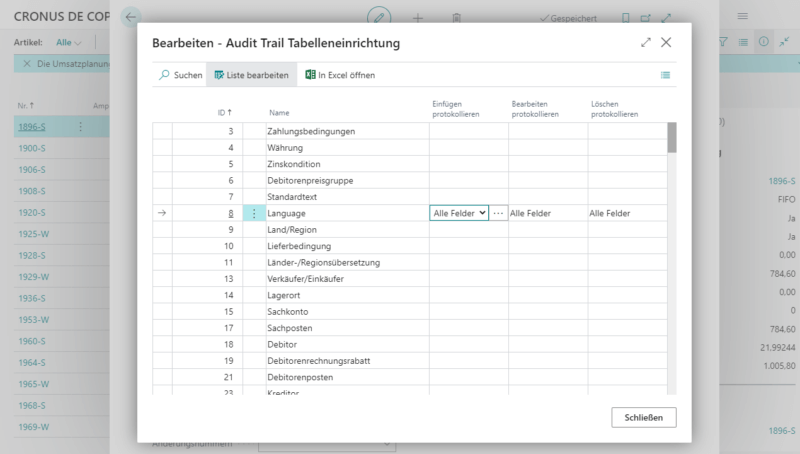 Screenshot from the table setup in the audit trail