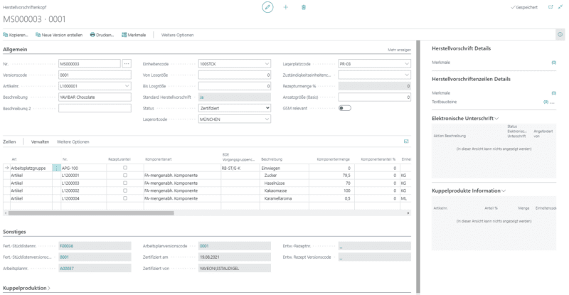 Beispielscreenshot Herstellungsauftrag für ein Nahrungsmittel