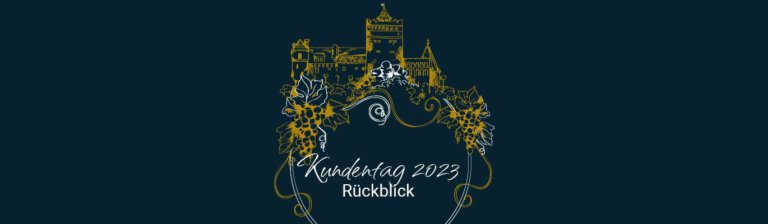 Eine Burg und Weinreben auf einem Logo mit Text Kundentag Rückblick 2023