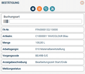 Screenshot BDE Mobile Bestätigung aus Plant Data Acquisition App