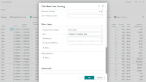 Screenshot of some costing values