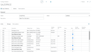 Screenshot of a costing schedule