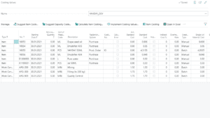 Screenshot of costing values