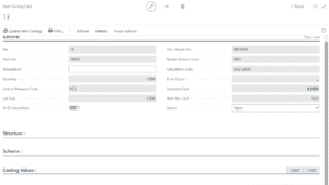 Screenshot out of costing overview