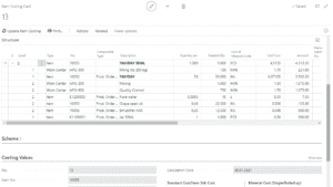 Screenshot of the structure of item costing and costing values