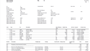 Screenshot of a report of item costings