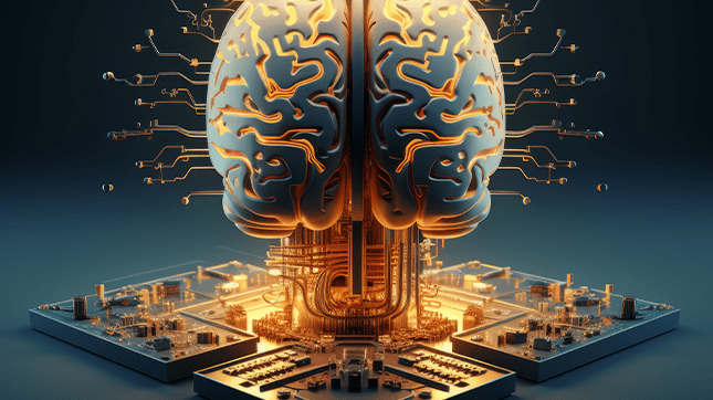 Digitales Gehirn auf einer Festplate als abstrakte Darstellung der KI in produzierenden Unternehmen