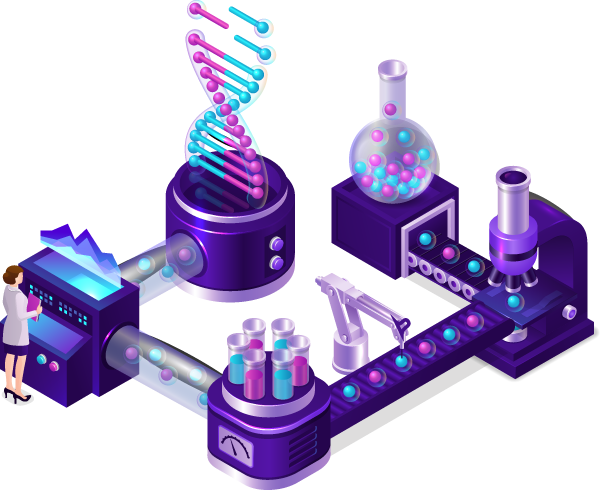 Molecules and DNA strands on a conveyor belt with various stations