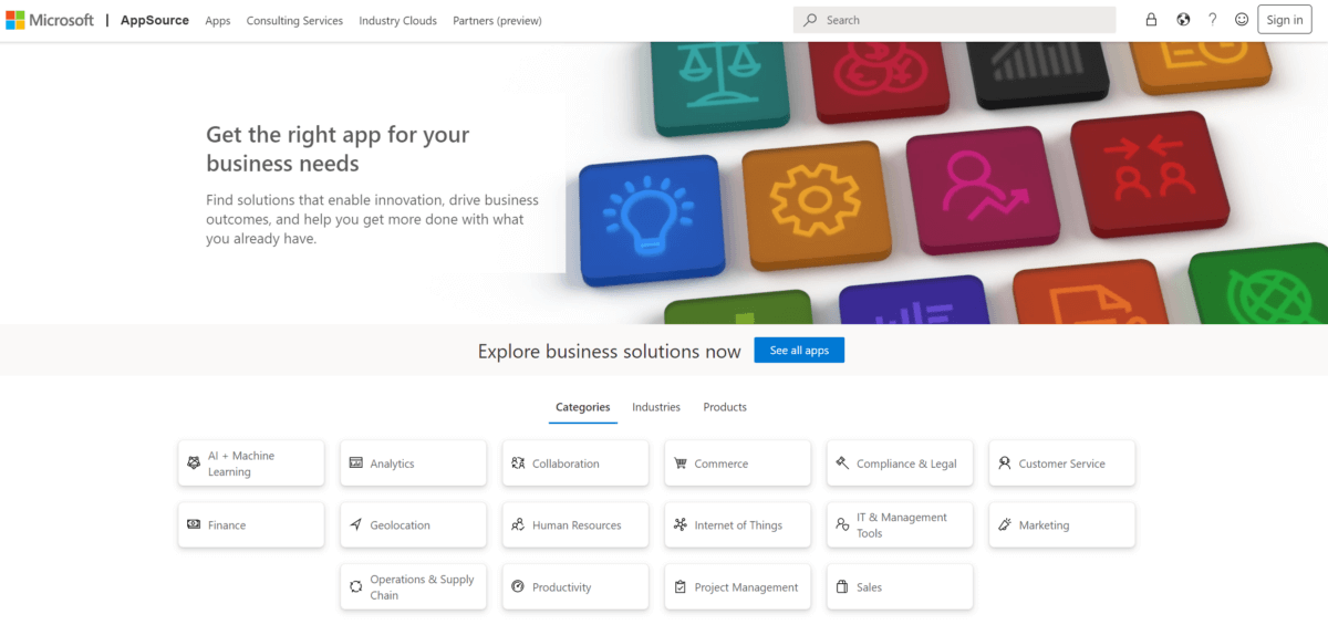 Screenshot Landingpage Microsoft AppSource