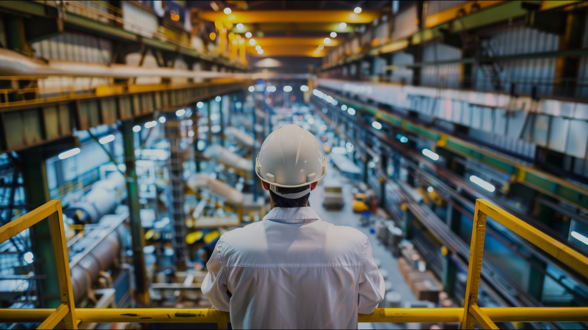Ingenieur mit Schutzhelm blickt auf Produktion in Fabrikhalle.