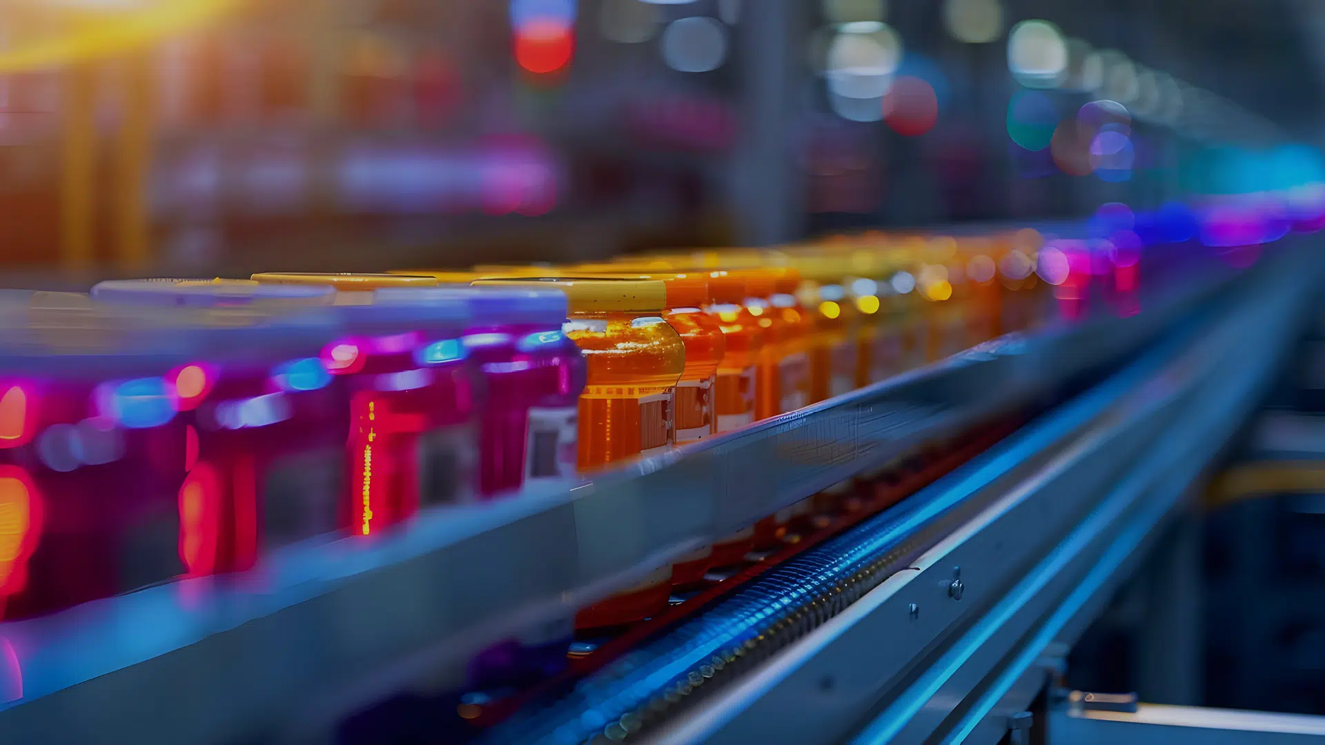 Colorful bottles on a conveyor belt in a factory.