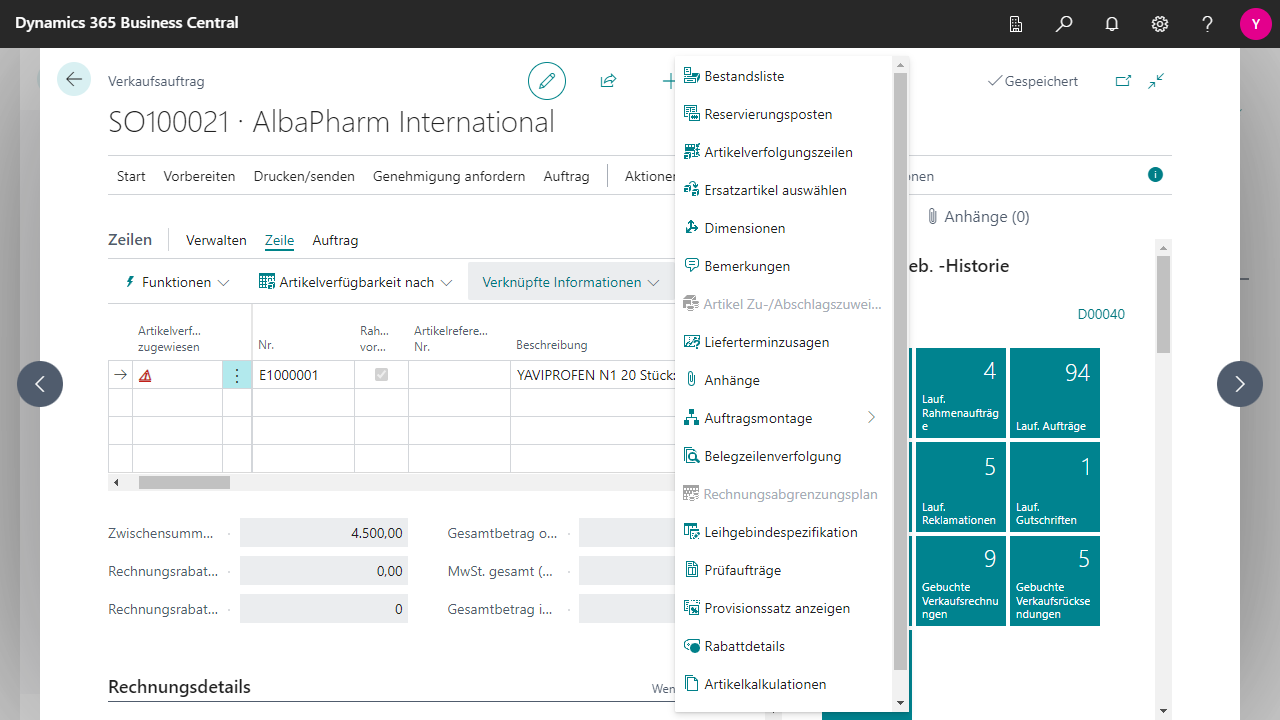 Dynamics 365 Business Central Verkaufsauftrag Bildschirmansicht.