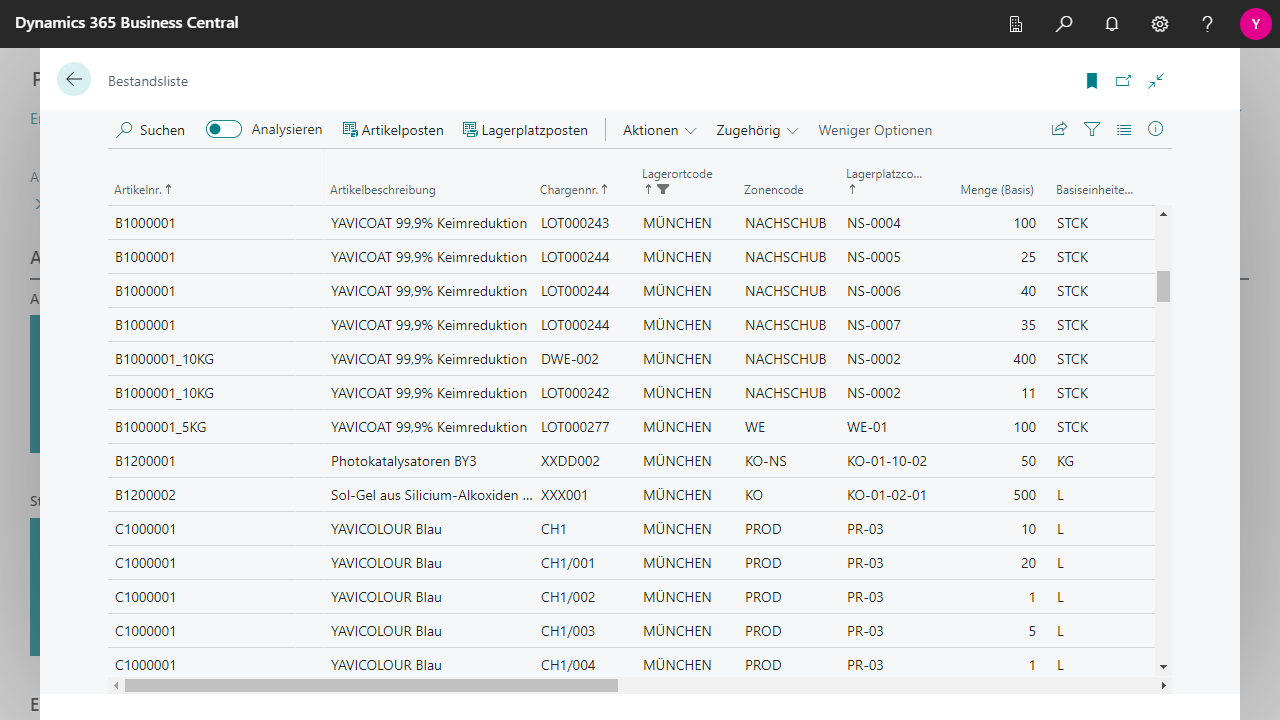 Dynamics 365 Bestandsliste mit Lagerinformationen und Artikeldetails.