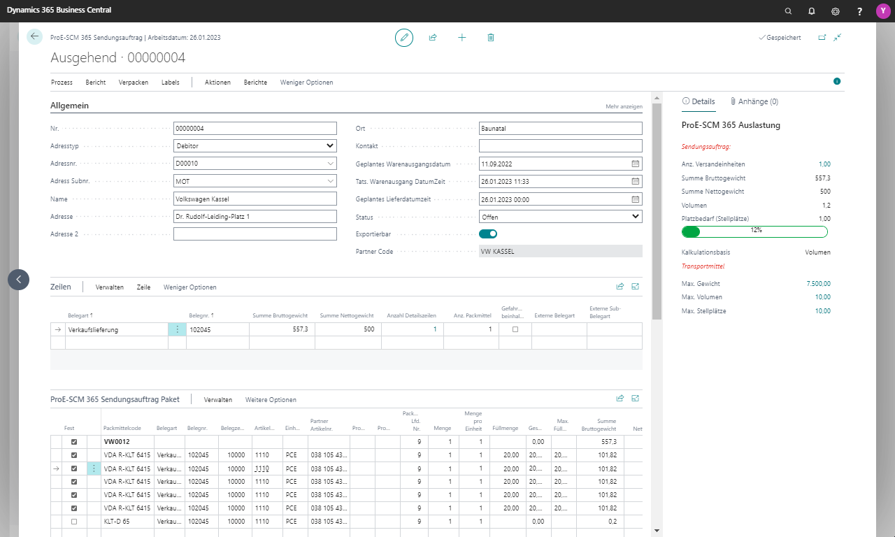 Dynamics 365 Business Central Bildschirm mit Versandauftrag.