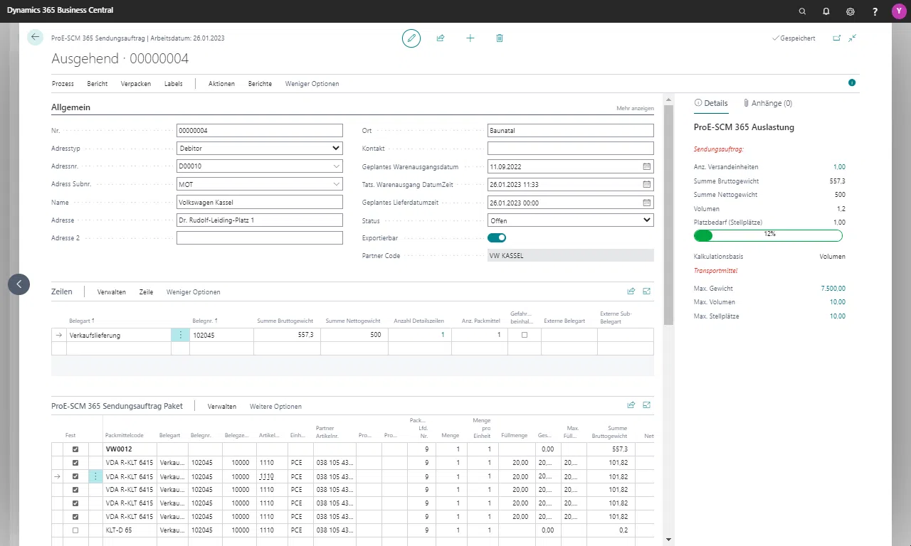 Dynamics 365 Business Central Bildschirm mit Versandauftrag.