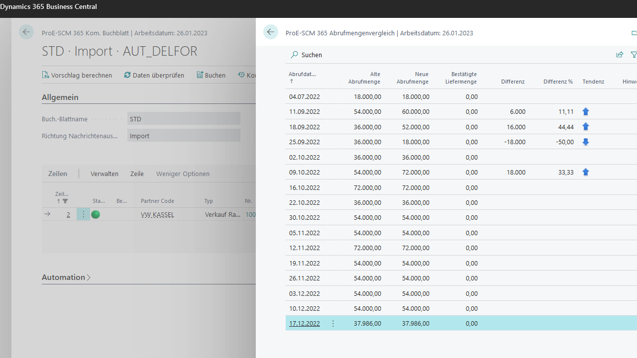 Dynamics 365 Business Central mit Abrufmengenvergleich.