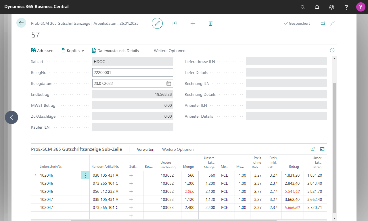 Dynamics 365 Business Central Fenster mit Gutschriftsanzeige.