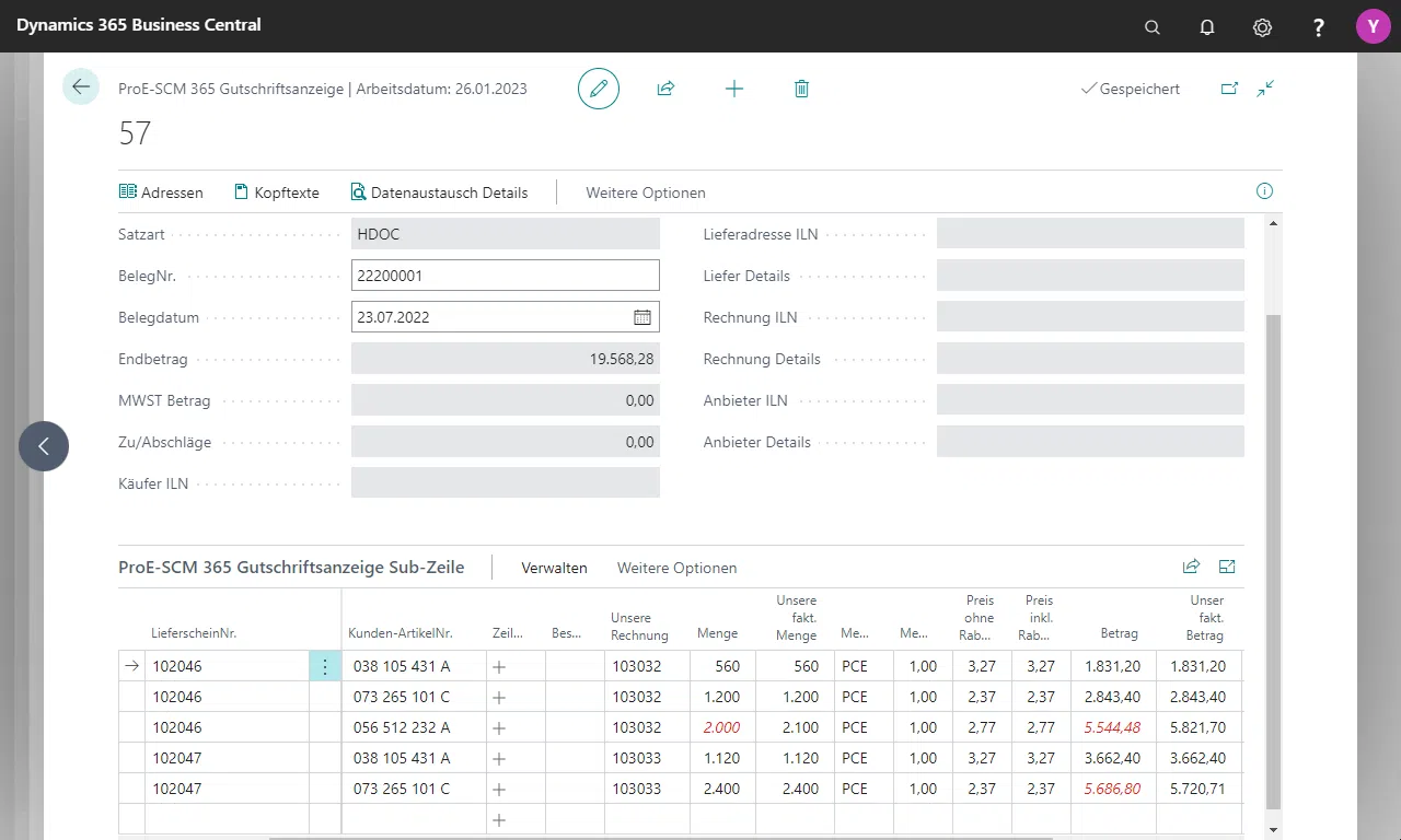 Dynamics 365 Business Central Fenster mit Gutschriftsanzeige.