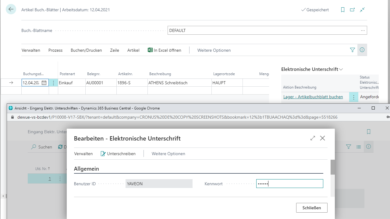 Microsoft Dynamics 365 Business Central mit elektronischer Signaturfunktion.