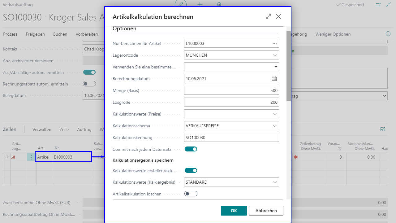 Dialogfenster zur Artikelkalkulation in einem ERP-System.