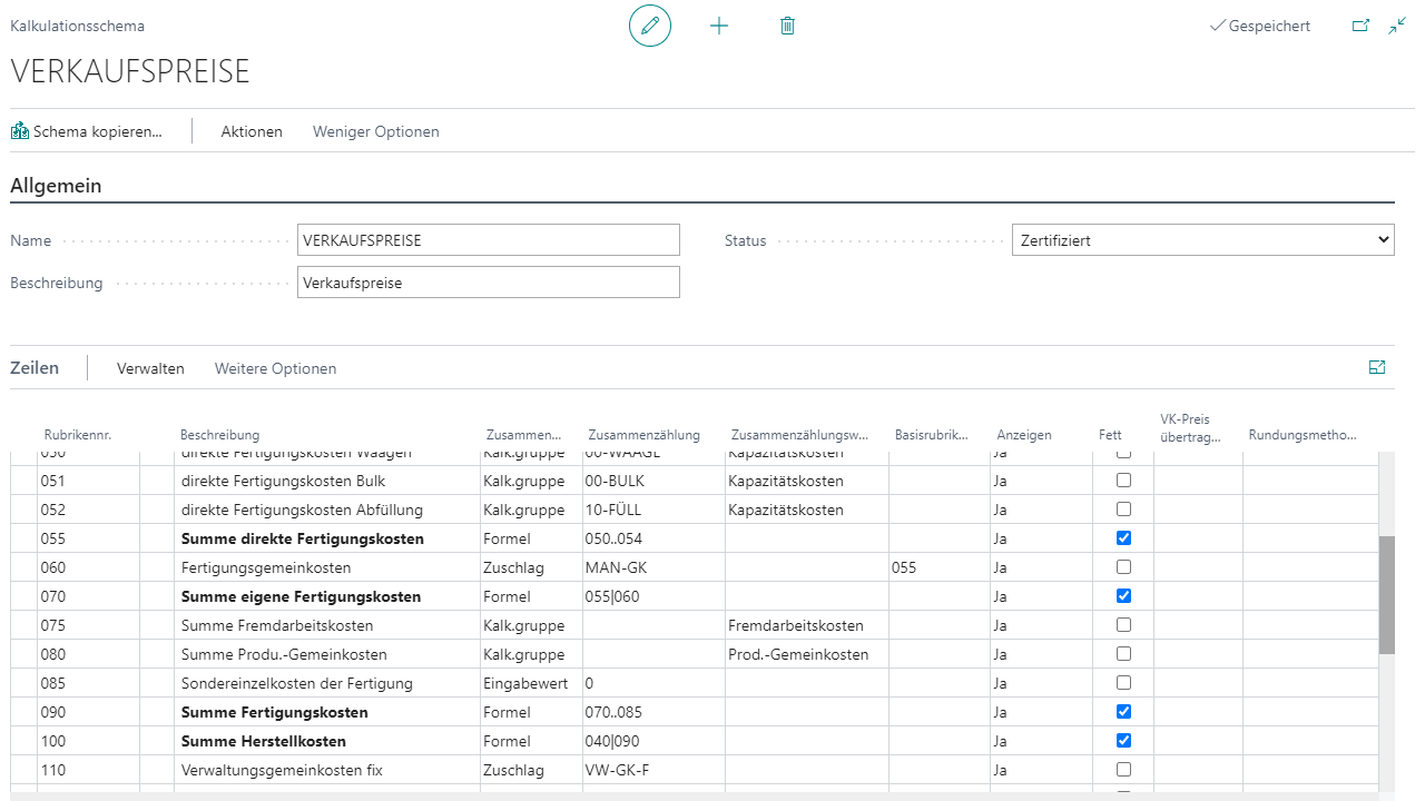 Kalkulationsschema für Verkaufspreise in einer ERP-Software.