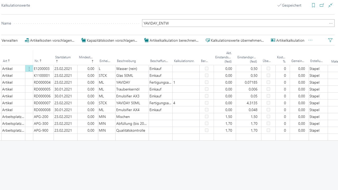 Kalkulationswerte-Tabelle mit Artikel- und Arbeitsplatzübersicht.