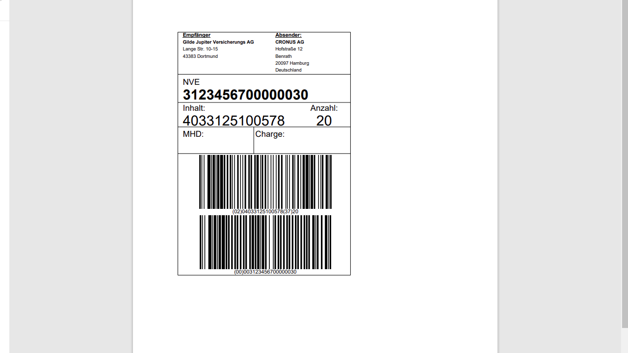 Versandetikett mit Barcode und Adressen in Deutsch.