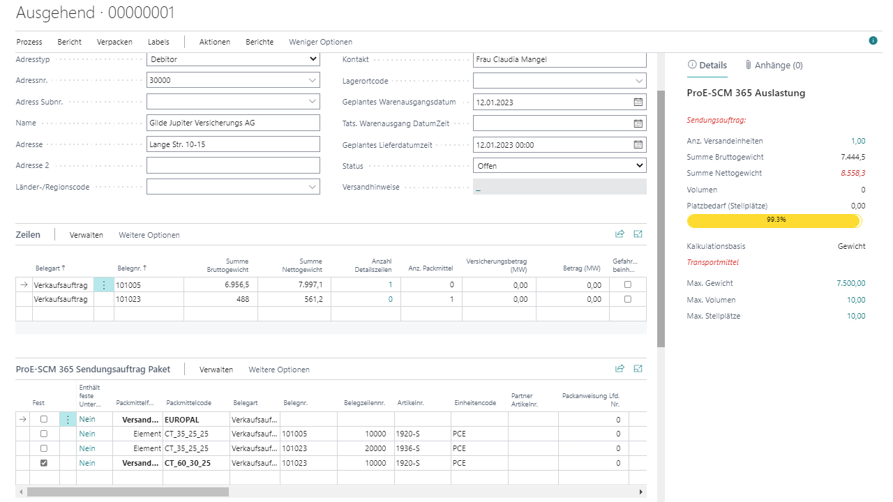 Software-Screenshot von Lager- und Versandinformationen.