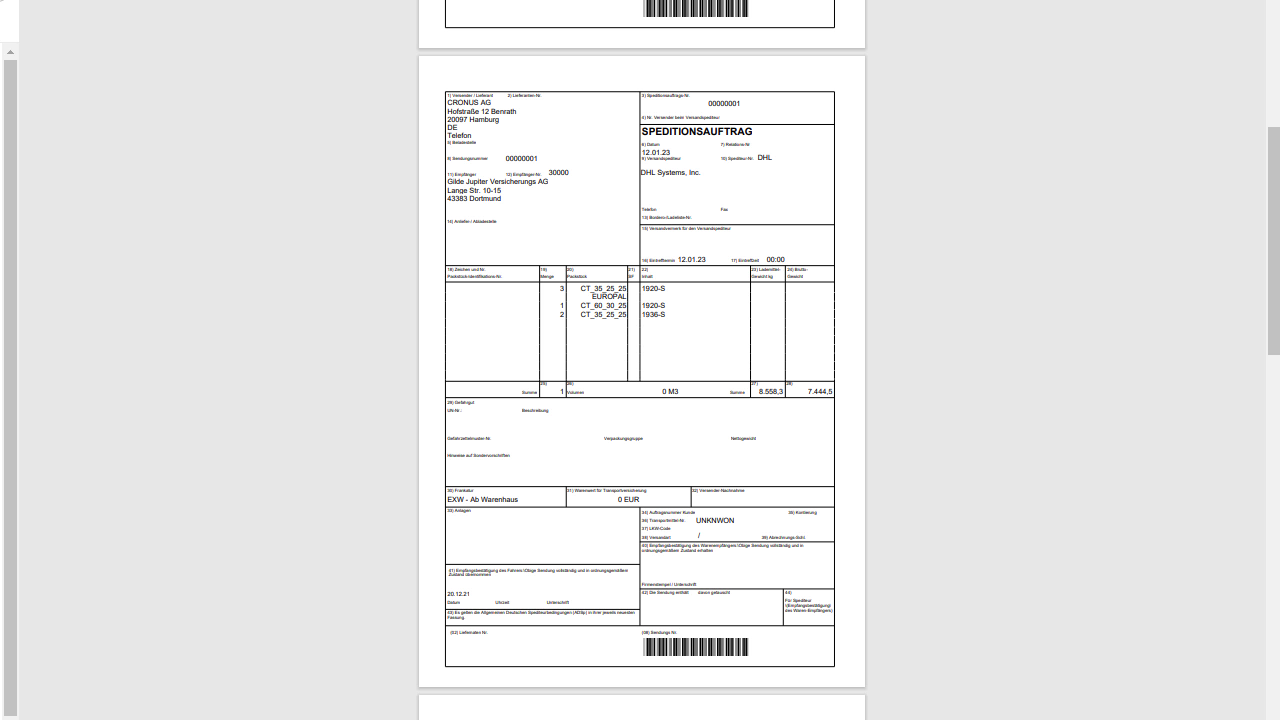 Speditionsauftrag von Cronus AG an DHL Systems.