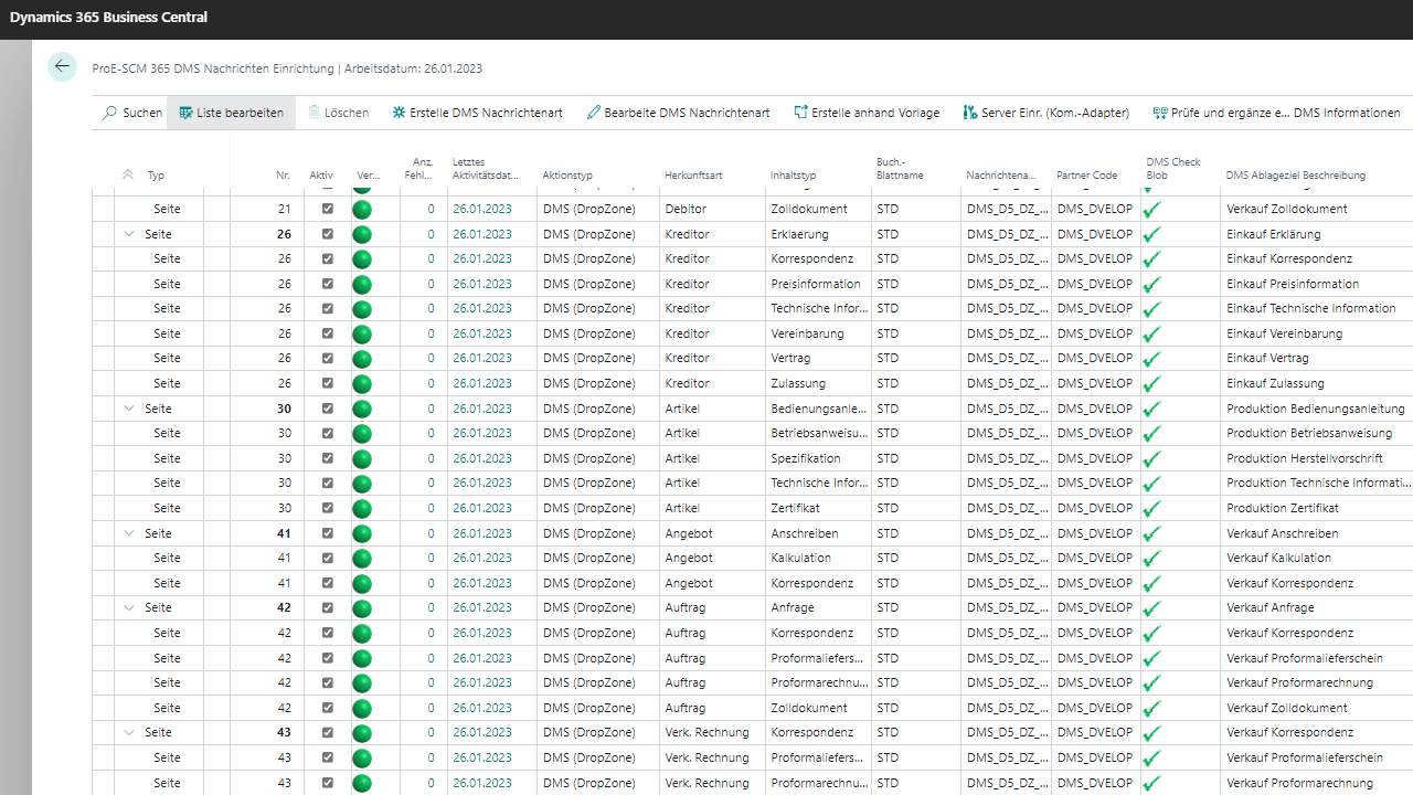 Dynamics 365 Business Central DMS-Einrichtungstabelle.