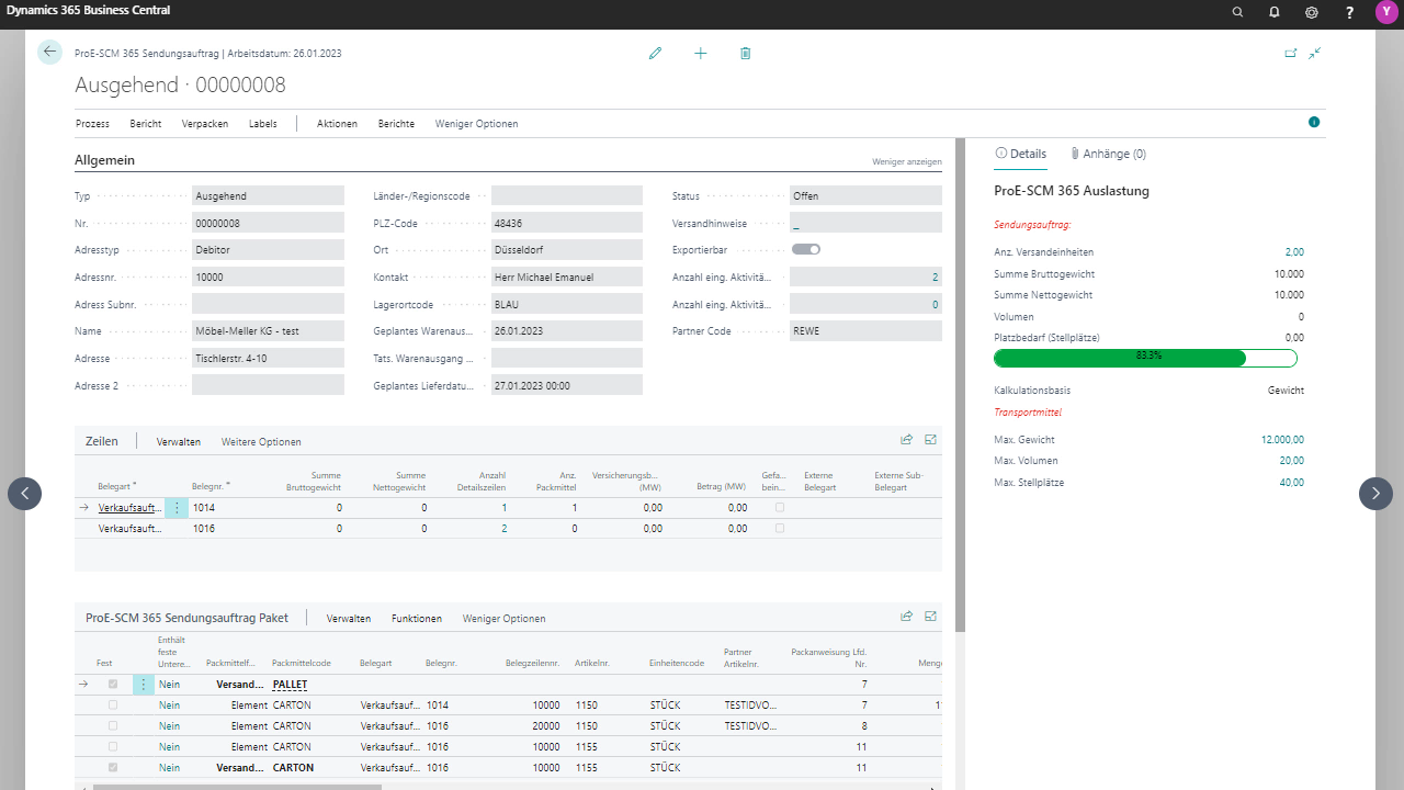 Dynamics 365 Business Central Sendungsauftrag Bildschirm.
