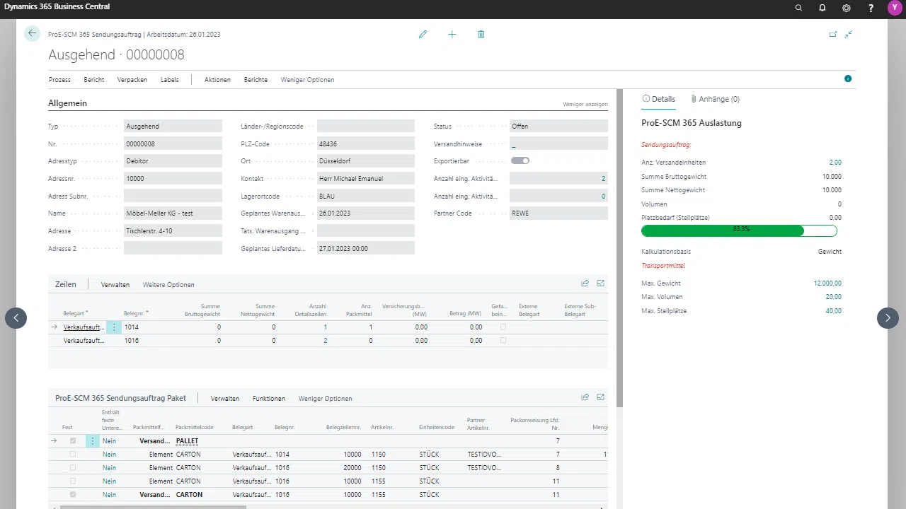 Dynamics 365 Business Central Sendungsauftrag Bildschirm.