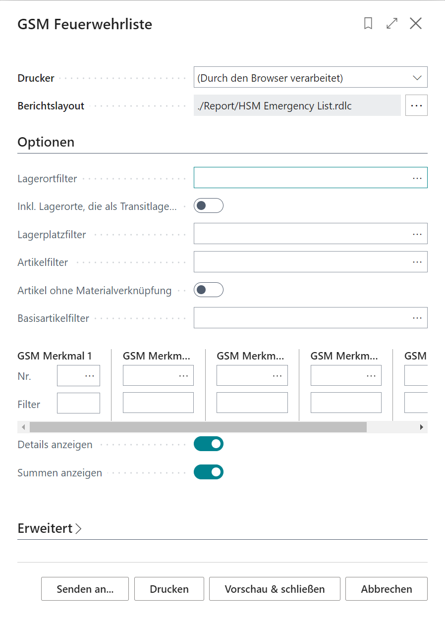 Menü für GSM Feuerwehrliste mit Druck- und Berichtsoptionen.