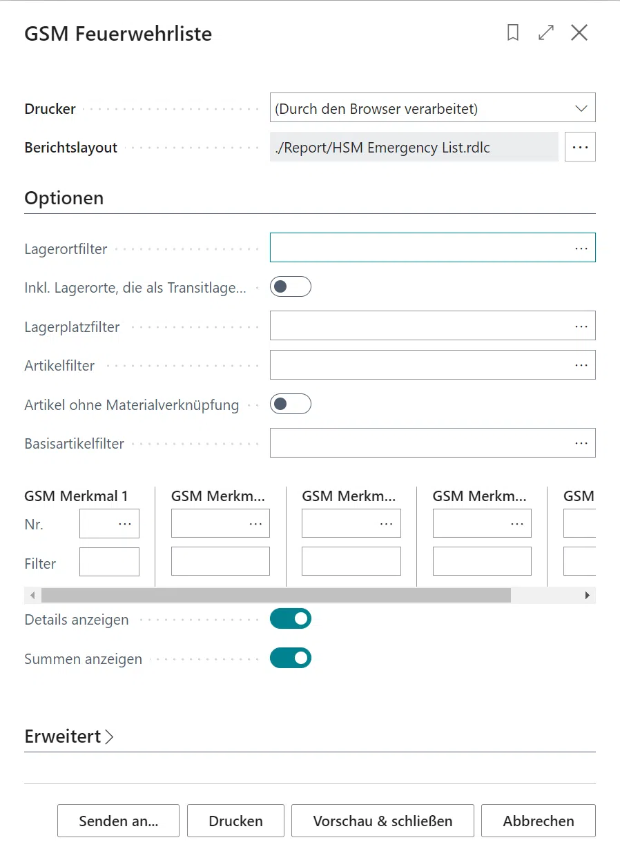 Menü für GSM Feuerwehrliste mit Druck- und Berichtsoptionen.