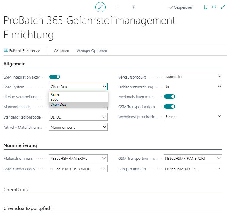 ProBatch 365 Gefahrstoffmanagement Einstellungen im System.