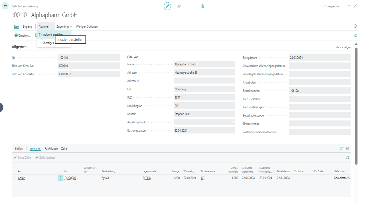 Bildschirmansicht einer Einkaufssoftware mit Firmendetails.