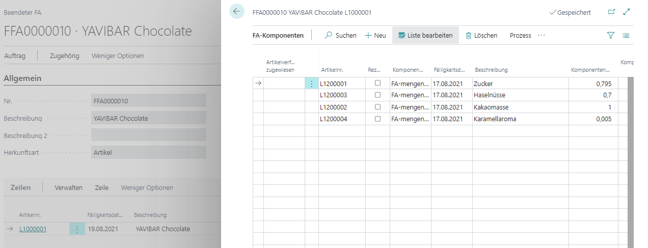 Fertigungsauftrag für YAVIBAR Chocolate mit Zutatenliste.