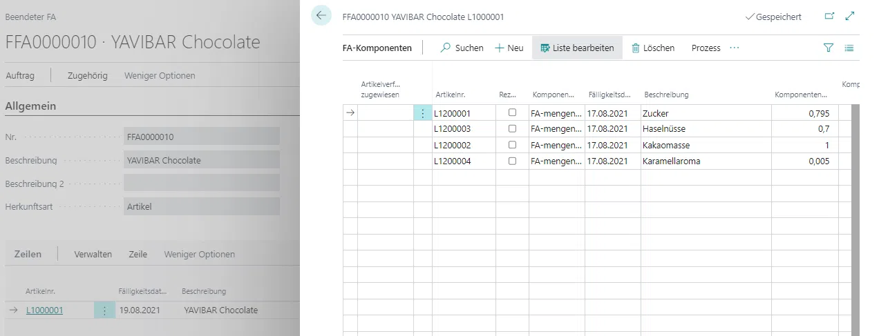 Fertigungsauftrag für YAVIBAR Chocolate mit Zutatenliste.