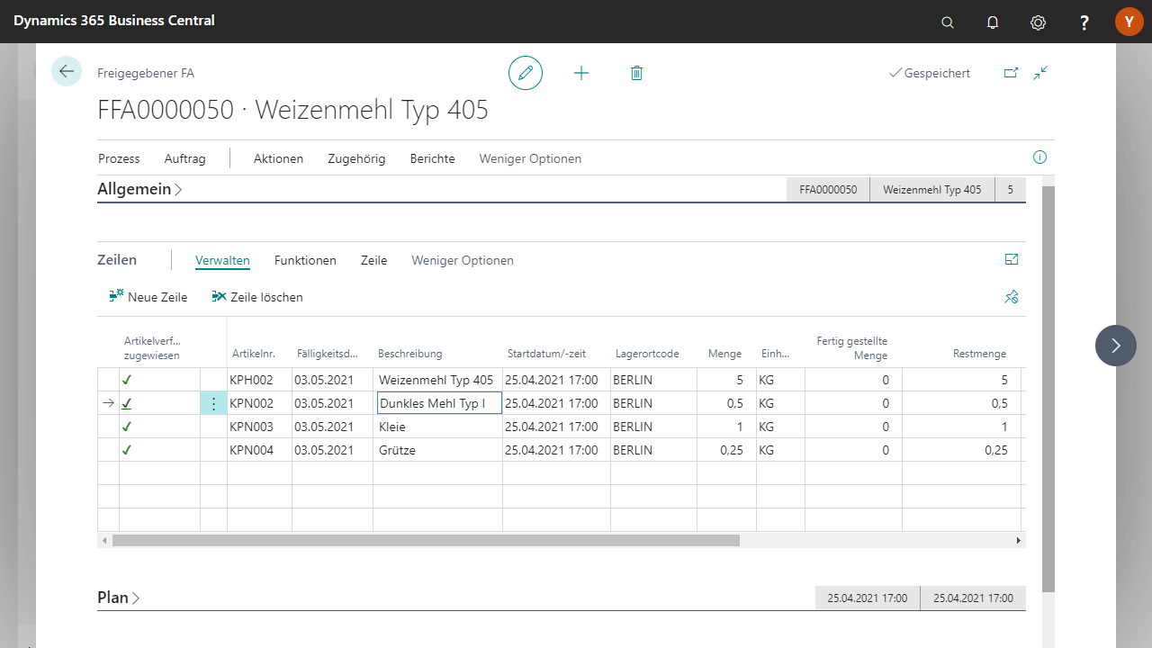 Business Central-Bestandsverwaltung mit Artikelinformationen.