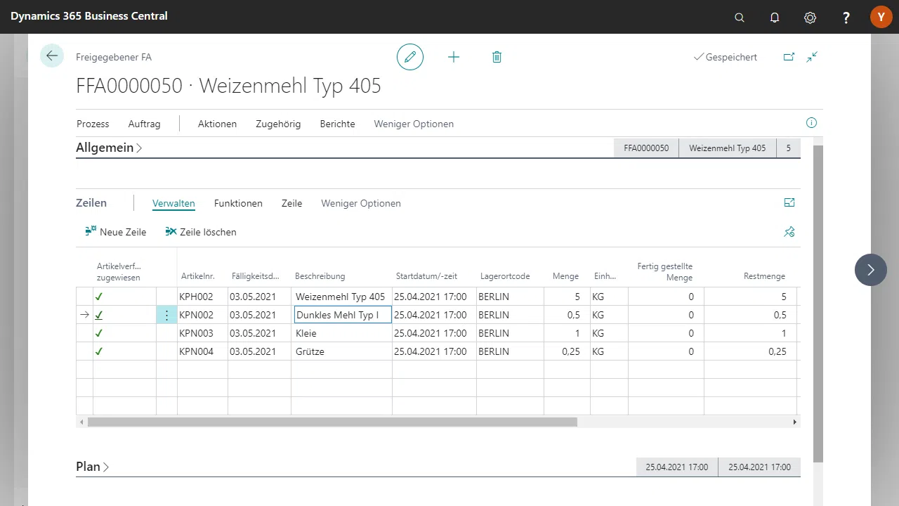 Business Central-Bestandsverwaltung mit Artikelinformationen.